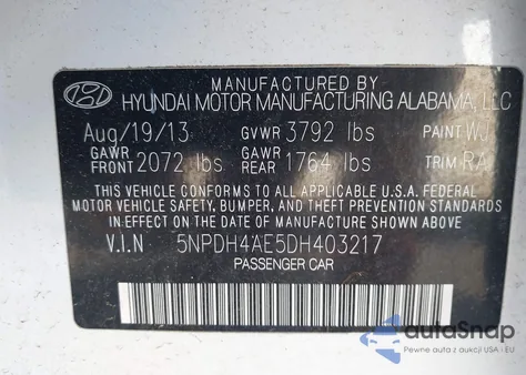 2013 Hyundai Elantra Gls из США, поврежденный, VIN 5NPDH4AE5DH403217